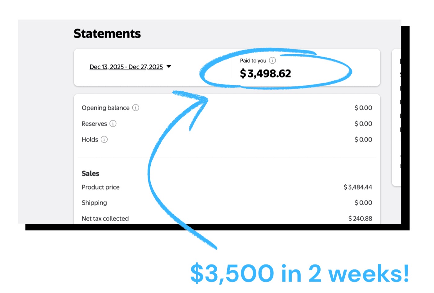 Store statement showing $3,498 paid in two weeks